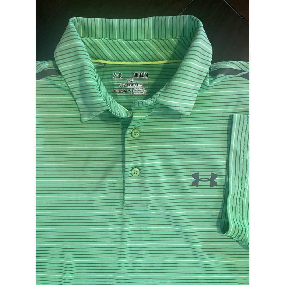Under Armour Polo Shirt Mens Med Green Striped HeatGear Coldblack Loose Fit Golf